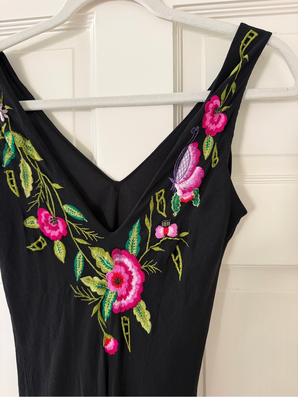 Cache Black Maxi Dress with Pink & Green Floral Embroidery (similar to Sue Wong) - Picture 2 of 6